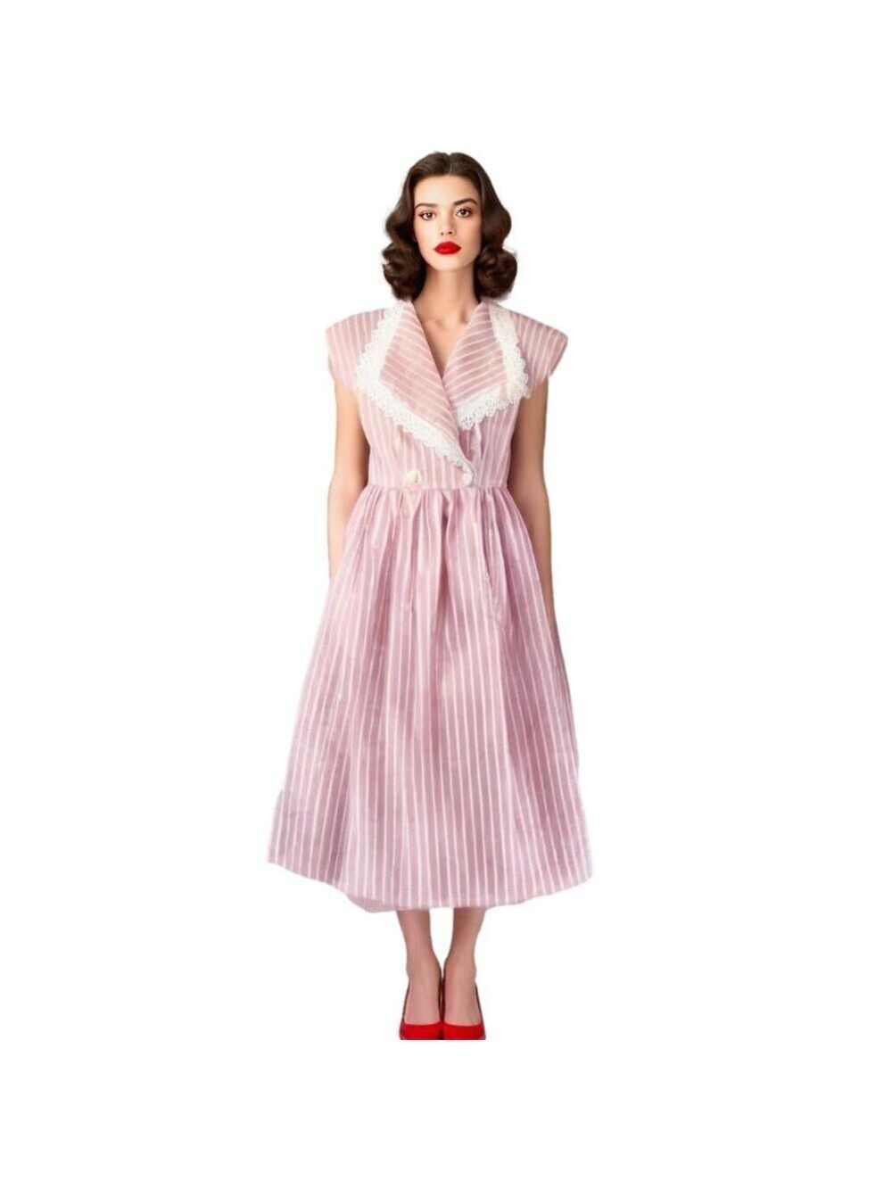 VINTAGE Red & White Stripe Midi Wrap Dress with Lace Collar Summer Dress Made US